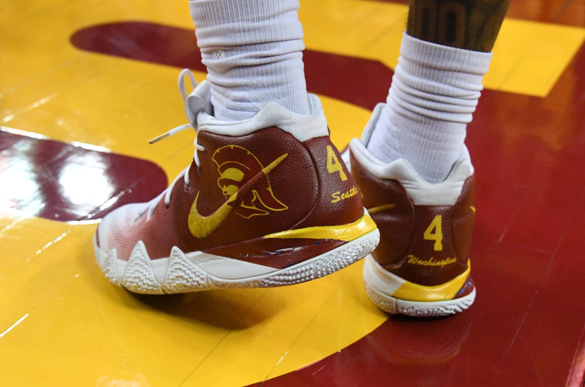 Feb 21, 2019; Los Angeles, CA, USA; Detailed view of the Nike personalized shoes of Southern California Trojans guard Kevin Porter Jr. (4) in the second half against the Oregon Ducks at the Galen Center.
