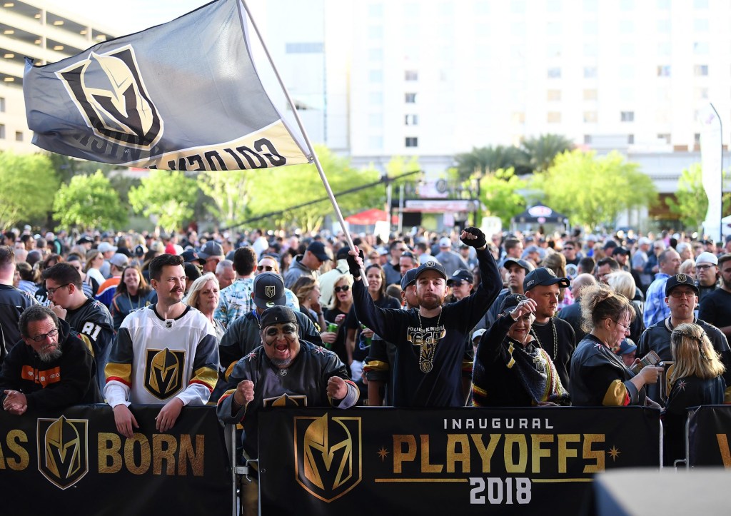 Apr 13, 2018; Las Vegas, NV, USA; Vegas Golden Knights fans gather in Toshiba Plaza before the start of game two of the first round of the 2018 Stanley Cup Playoffs between the Vegas Golden Knights and the Los Angeles Kings at T-Mobile Arena.