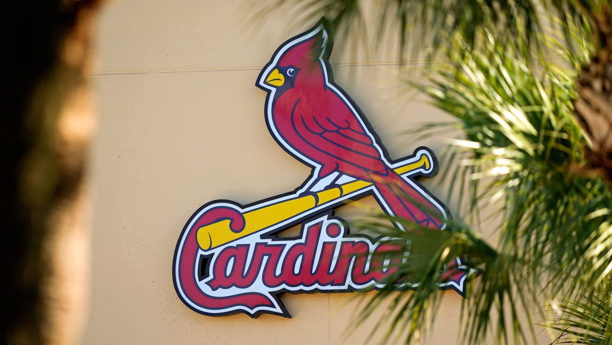 Feb 26, 2021; Jupiter, Florida, USA; A general view of the St. Louis Cardinals logo on the stadium at Roger Dean Stadium during spring training workouts.