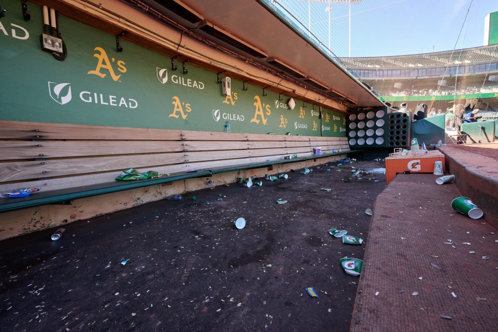Sep 24, 2023; Oakland, California, USA; A general view of the Oakland Athletics dugout after the game against the Detroit Tigers at Oakland-Alameda County Coliseum.