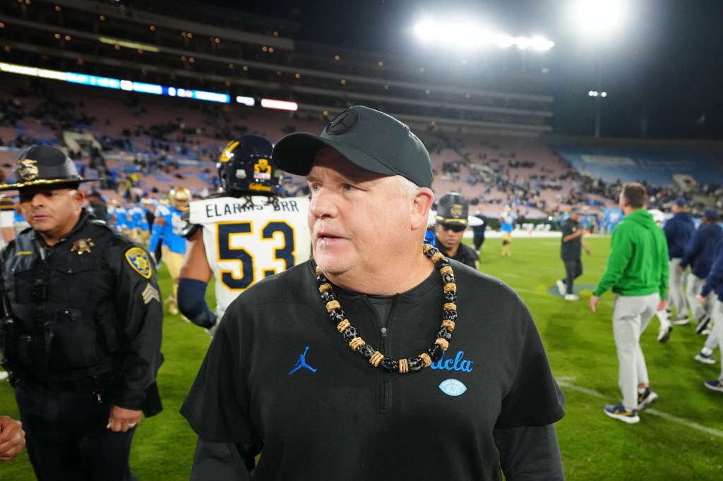 Nov 25, 2023; Pasadena, California, USA; UCLA Bruins head coach Chip Kelly reacts after the game against the California Golden Bears at Rose Bowl.