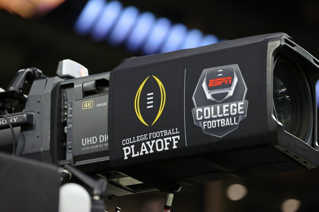 Jan 8, 2024; Houston, TX, USA; A detail view of an ESPN camera before the 2024 College Football Playoff national championship game between the Michigan Wolverines and the Washington Huskies at NRG Stadium.