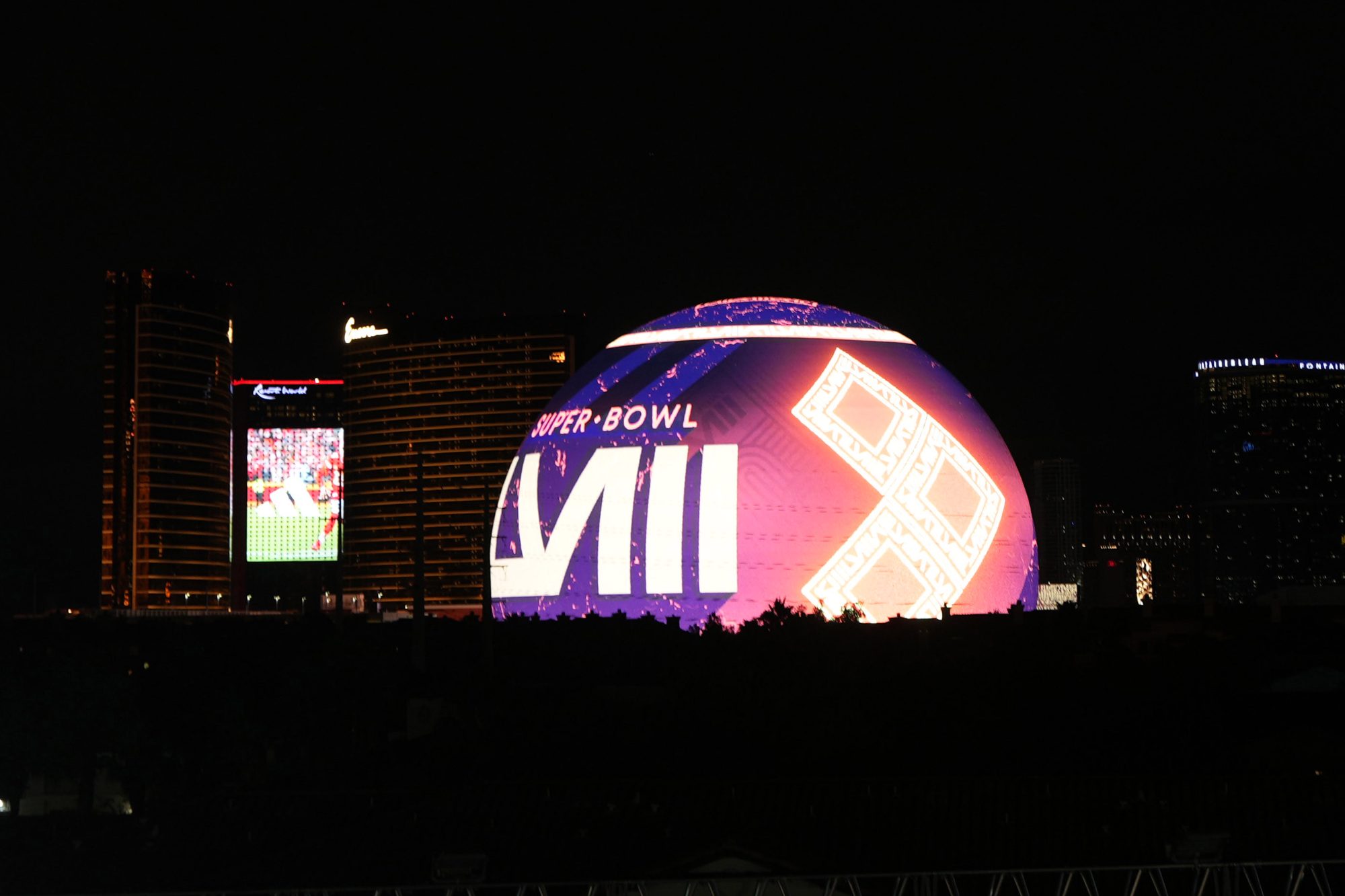 Feb 6, 2024; Las Vegas, NV, USA; The Super Bowl 58 logo is projected on the Sphere.