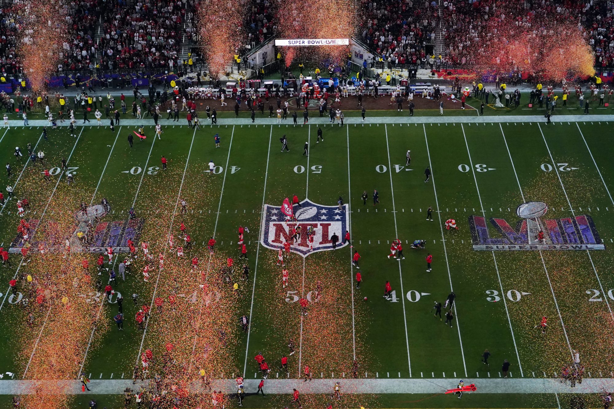 Feb 11, 2024; Paradise, Nevada, USA; A general view as the Kansas City Chiefs celebrate after defeating the San Francisco 49ers in overtime in Super Bowl LVIII Allegiant Stadium.