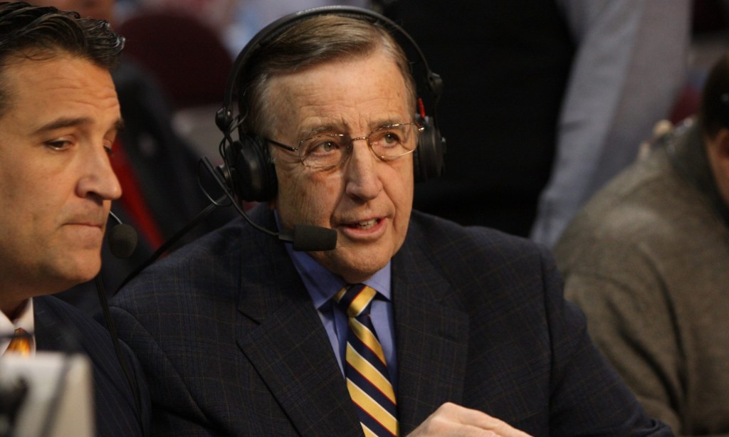 Feb 24, 2009; Columbus, OH, USA; ESPN announcer Brent Musberger talks on-air before the tip-off of Penn State Nittany Lions against the Ohio State Buckeyes at Value City Arena.