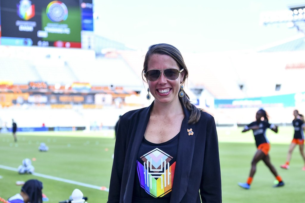 Jun 12, 2022; Houston, Texas, USA; Houston Dash president Jessica O'Neill poses for a photo prior to the start of the match against the Portland Thorns FC in a NWSL match at PNC Stadium.