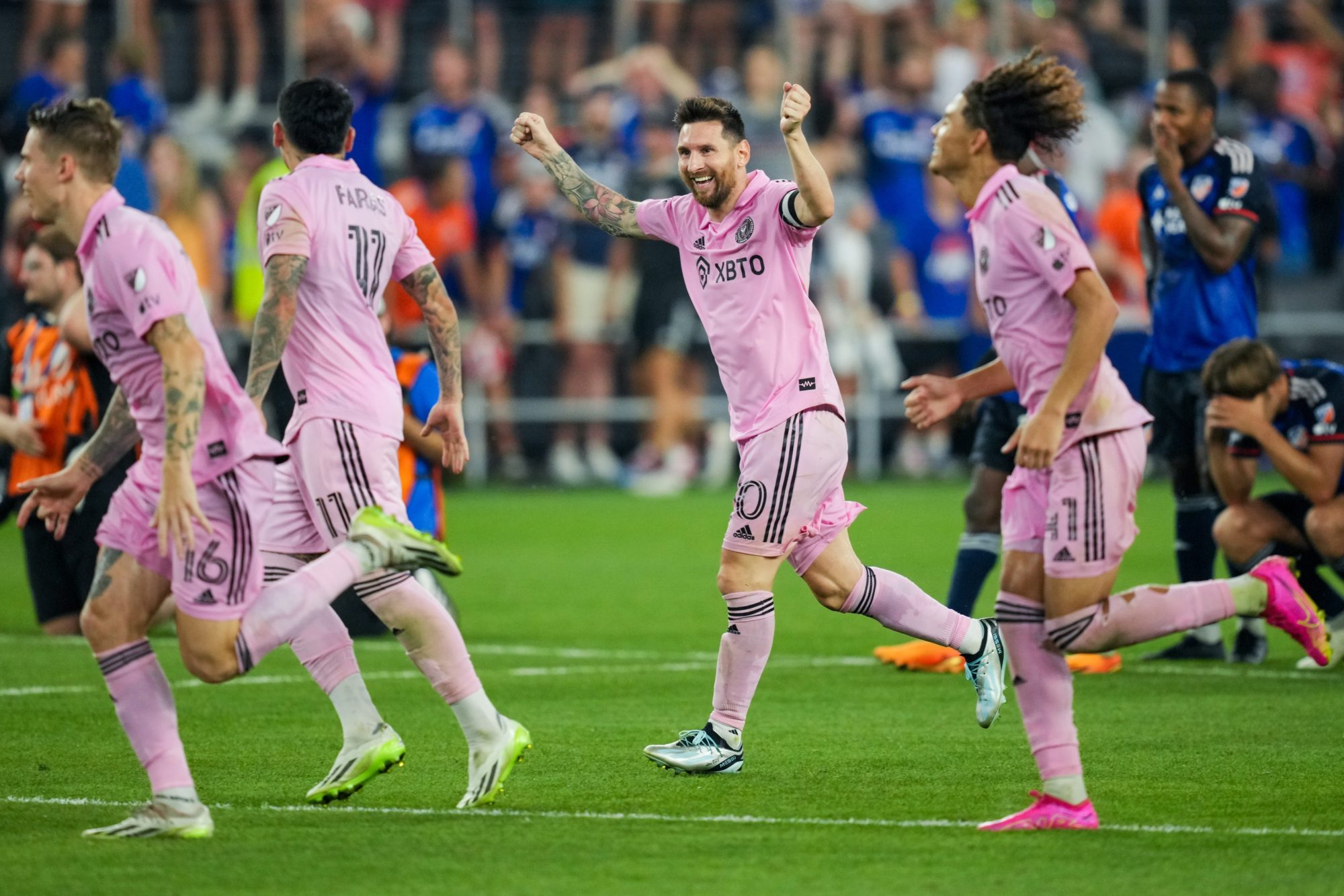 Aug 23, 2023; Cincinnati, OH, USA; Inter Miami CF forward Lionel Messi (10) celebrates with teammates after defeating FC Cincinnati during penalty kicks at TQL Stadium. Mandatory Credit: Aaron Doster-USA TODAY Sports
