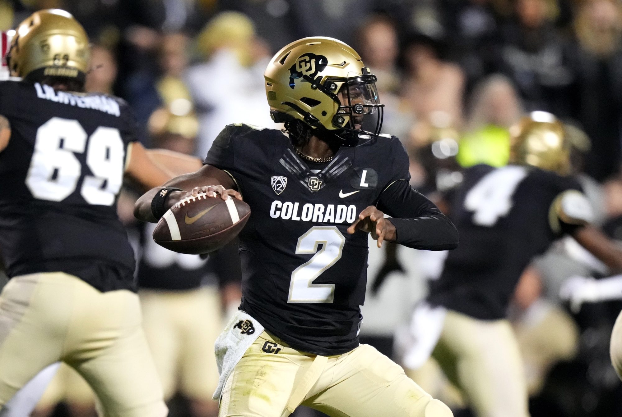 Boulder, Colorado, USA; Colorado Buffaloes quarterback Shedeur Sanders (2) prepares to pass in the first half against the Stanford Cardinal at Folsom Field.