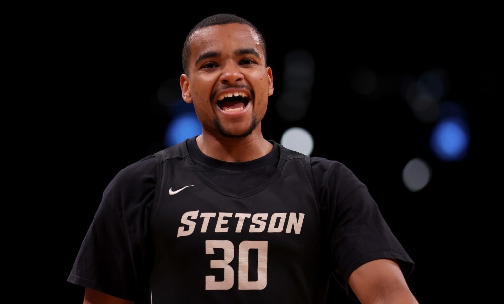 Mar 21, 2024; Brooklyn, NY, USA; Stetson Hatters guard Stephan Swenson (30) reacts during team practice at Barclays Center.