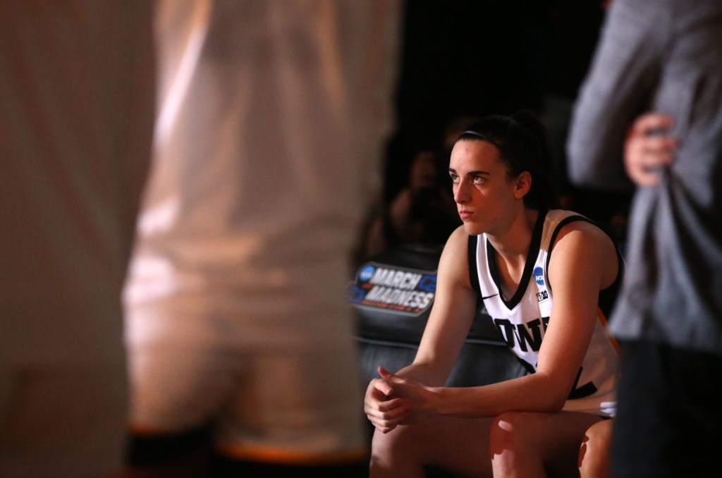 Iowa’s Caitlin Clark (22) waits to be announced in the starting lineup against West Virginia in a NCAA Tournament round of 32 game Monday, March 25, 2024 at Carver-Hawkeye Arena in Iowa City, Iowa.
