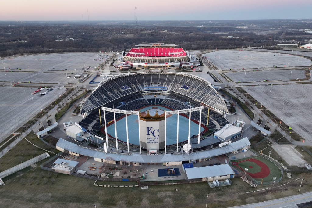 Feb 14, 2024; Kansas City, MO, USA; A general overall aerial view of Kauffman Stadium (foreground) and Arrowhead Stadium at the Truman Sports Complex.