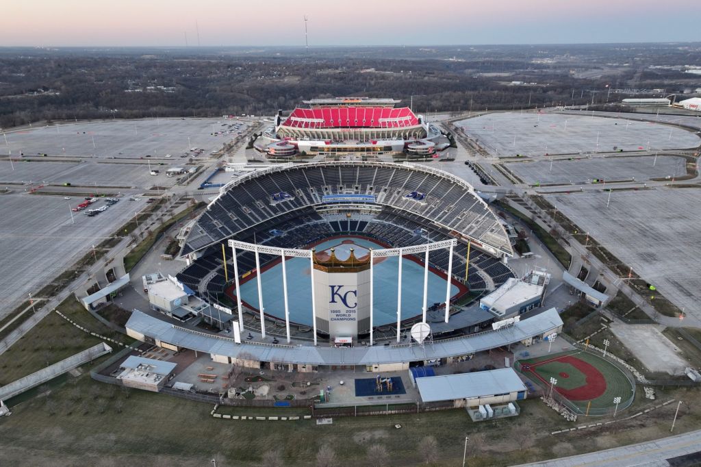 Feb 14, 2024; Kansas City, MO, USA; A general overall aerial view of Kauffman Stadium (foreground) and Arrowhead Stadium at the Truman Sports Complex.