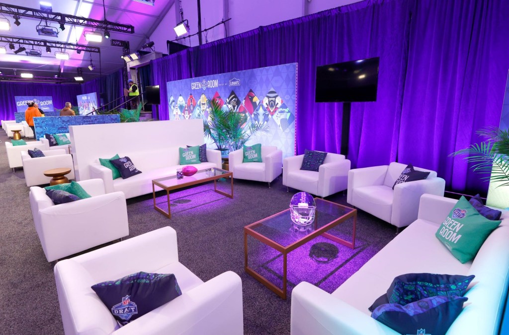 The scene in the green room behind the NFL Draft Theater in Detroit on Tuesday, April 23, 2024. Thirteen college players who will be picked in the first round will be waiting in this large room with friends, family, agents and college coaches on Thursday night.
