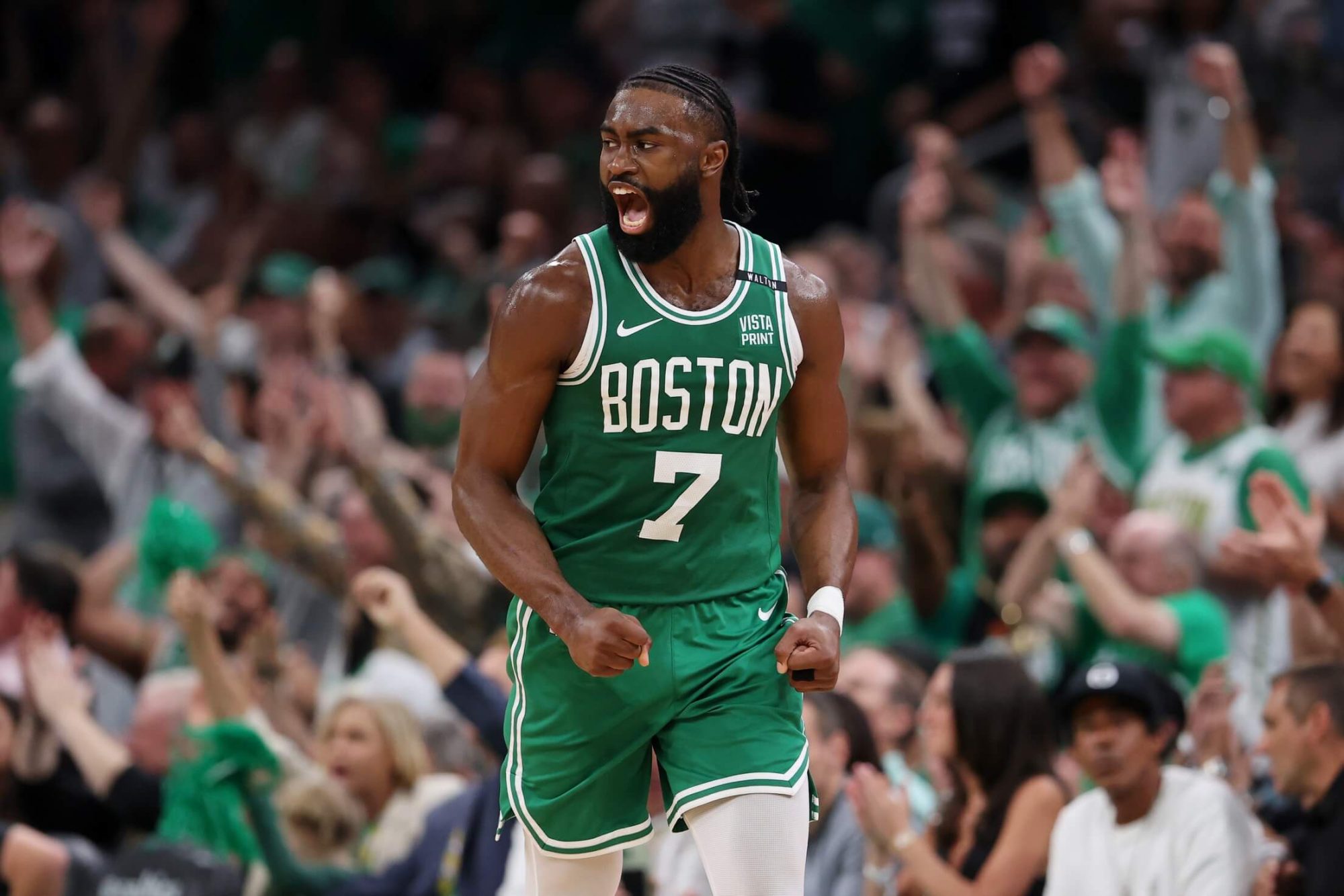 Jun 17, 2024; Boston, Massachusetts, USA; Boston Celtics guard Jaylen Brown (7) reacts after a play against the Dallas Mavericks during the second quarter in game five of the 2024 NBA Finals at TD Garden. Mandatory Credit: Peter Casey-USA TODAY Sports