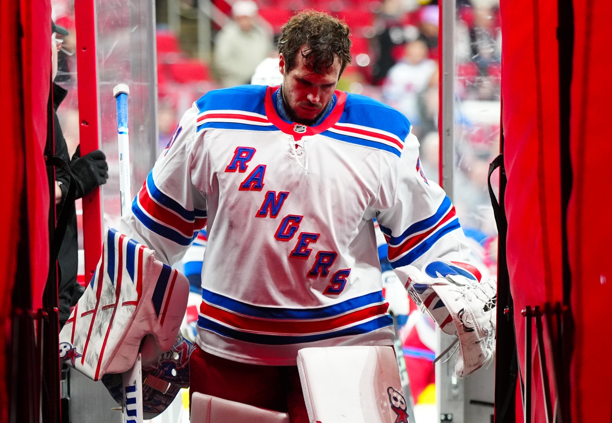 Apr 12, 2025; Raleigh, North Carolina, USA; New York Rangers goaltender Igor Shesterkin (31) comes off the ice after warmups before the game against the Carolina Hurricanes at Lenovo Center.