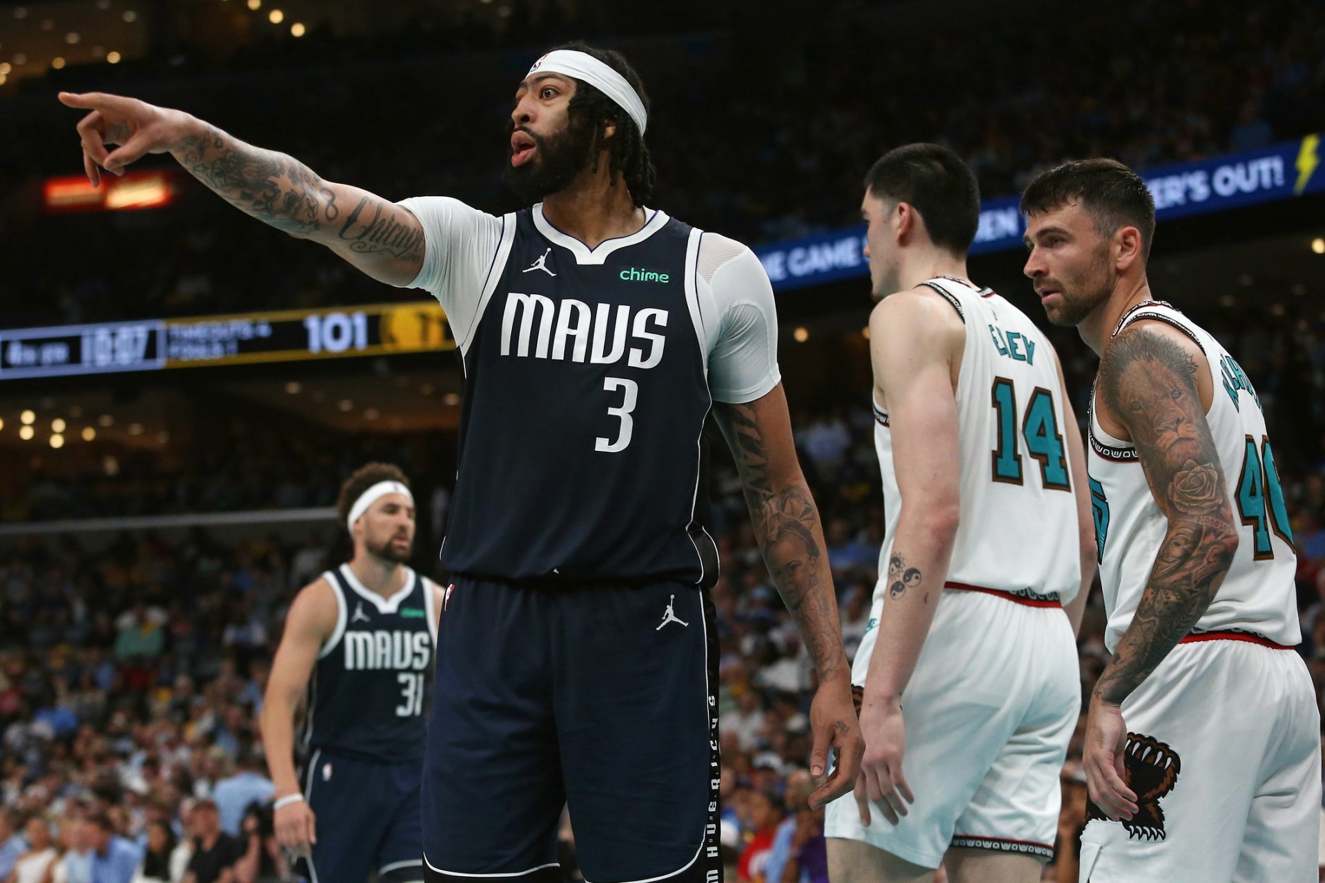 Apr 18, 2025; Memphis, Tennessee, USA; Dallas Mavericks forward Anthony Davis (3) reacts during the third quarter against the Memphis Grizzlies at FedExForum.