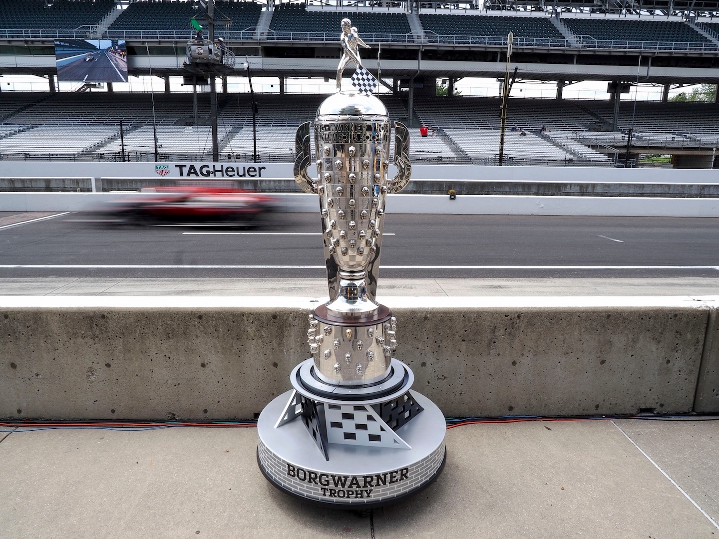 The Borg Warner trophy sits beside pit lane Monday, May 20, 2024, during practice for the 108th running of the Indianapolis 500 at Indianapolis Motor Speedway.