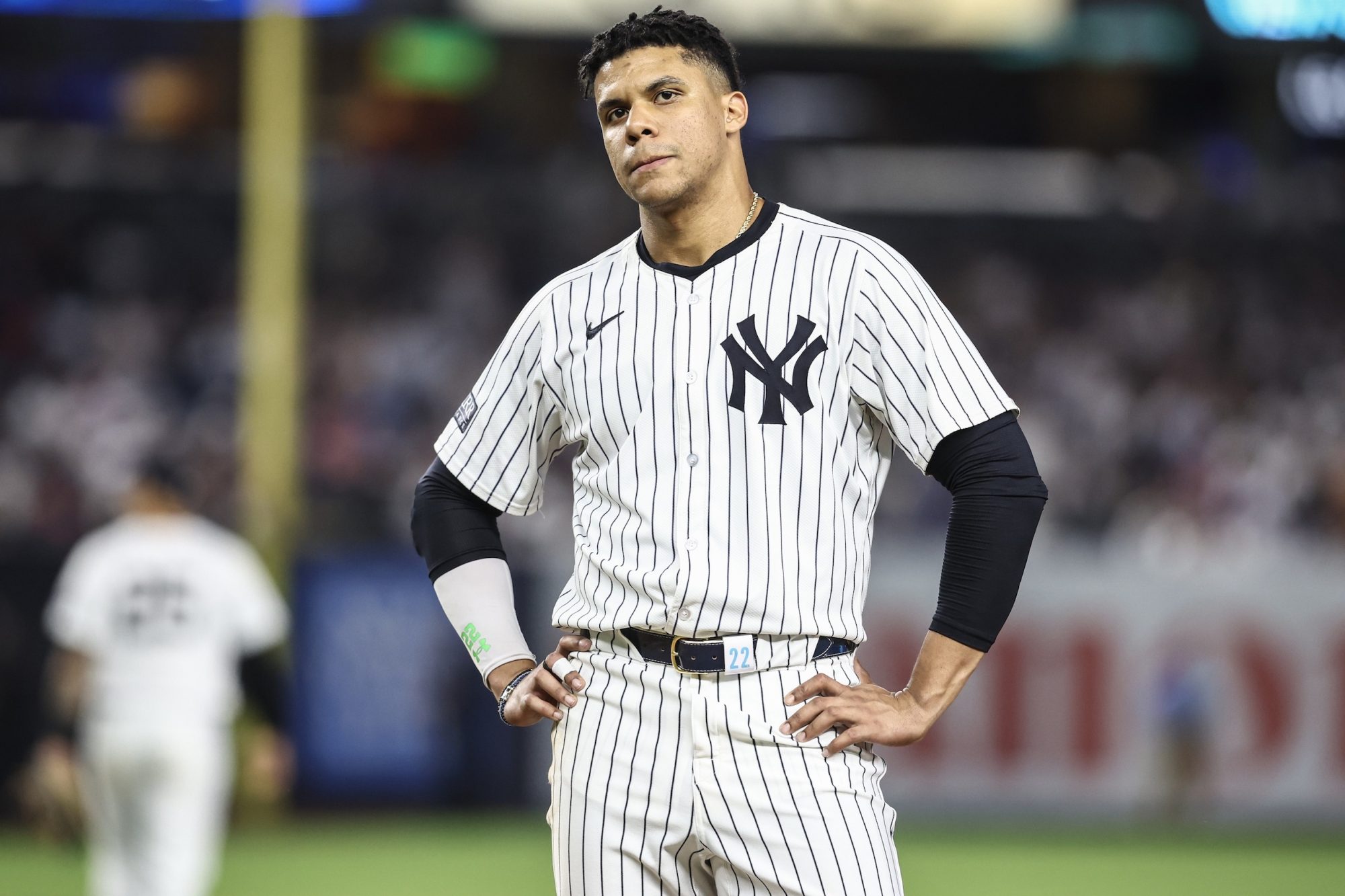 May 22, 2024; Bronx, New York, USA; New York Yankees right fielder Juan Soto (22) stands on the field after striking out with the bases loaded in the seventh inning against the Seattle Mariners at Yankee Stadium.