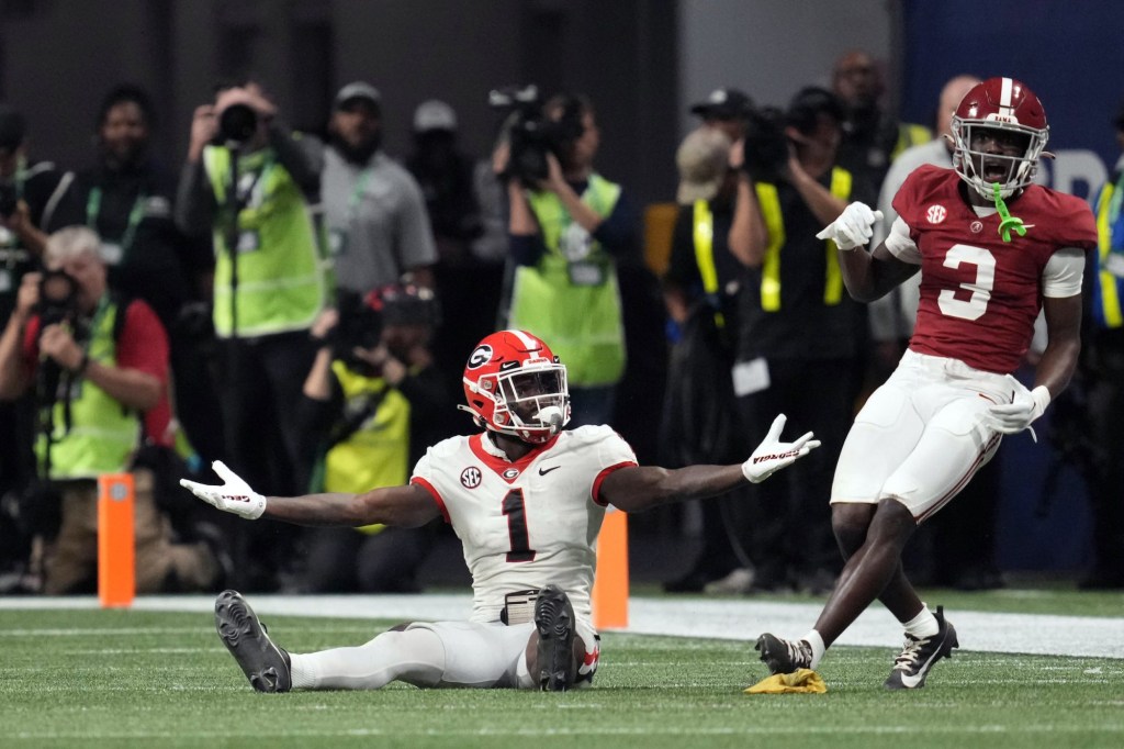 Dec 2, 2023; Atlanta, GA, USA; Georgia Bulldogs wide receiver Marcus Rosemy-Jacksaint (1) reacts in the second half against the Alabama Crimson Tide at Mercedes-Benz Stadium.