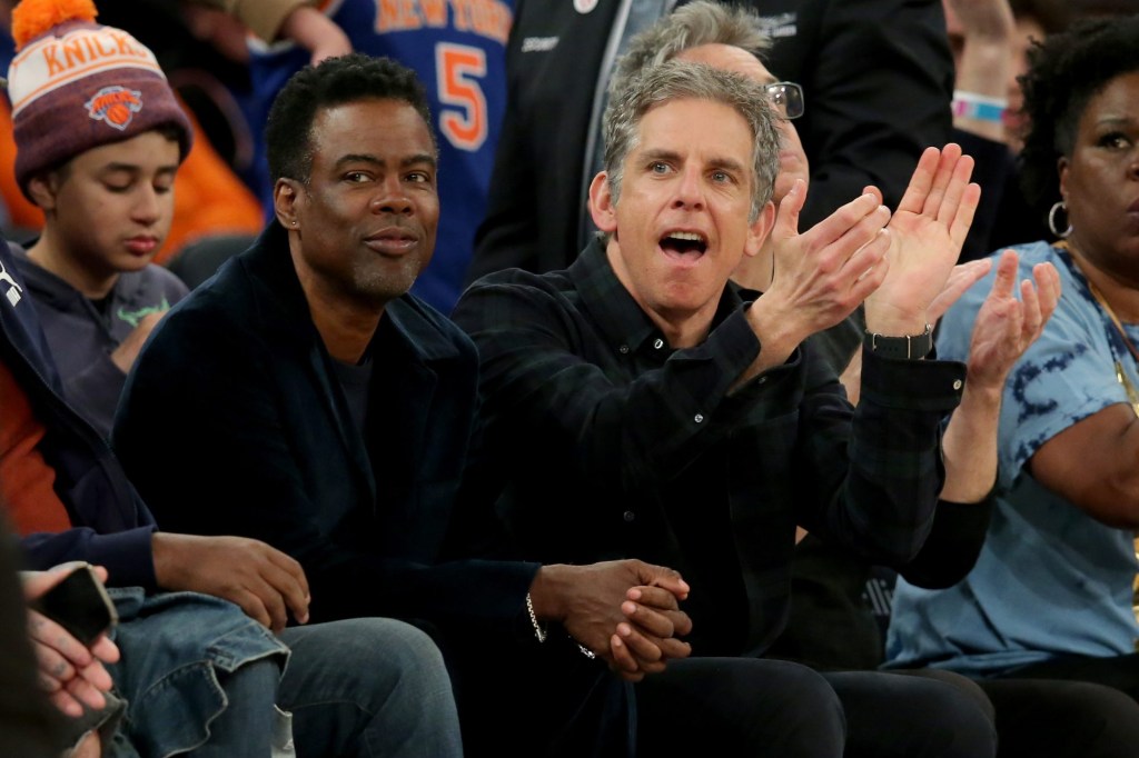 Mar 29, 2023; New York, New York, USA; American actors and comedians Chris Rock (left) and Ben Stiller sit court side during the third quarter between the New York Knicks and the Miami Heat at Madison Square Garden.