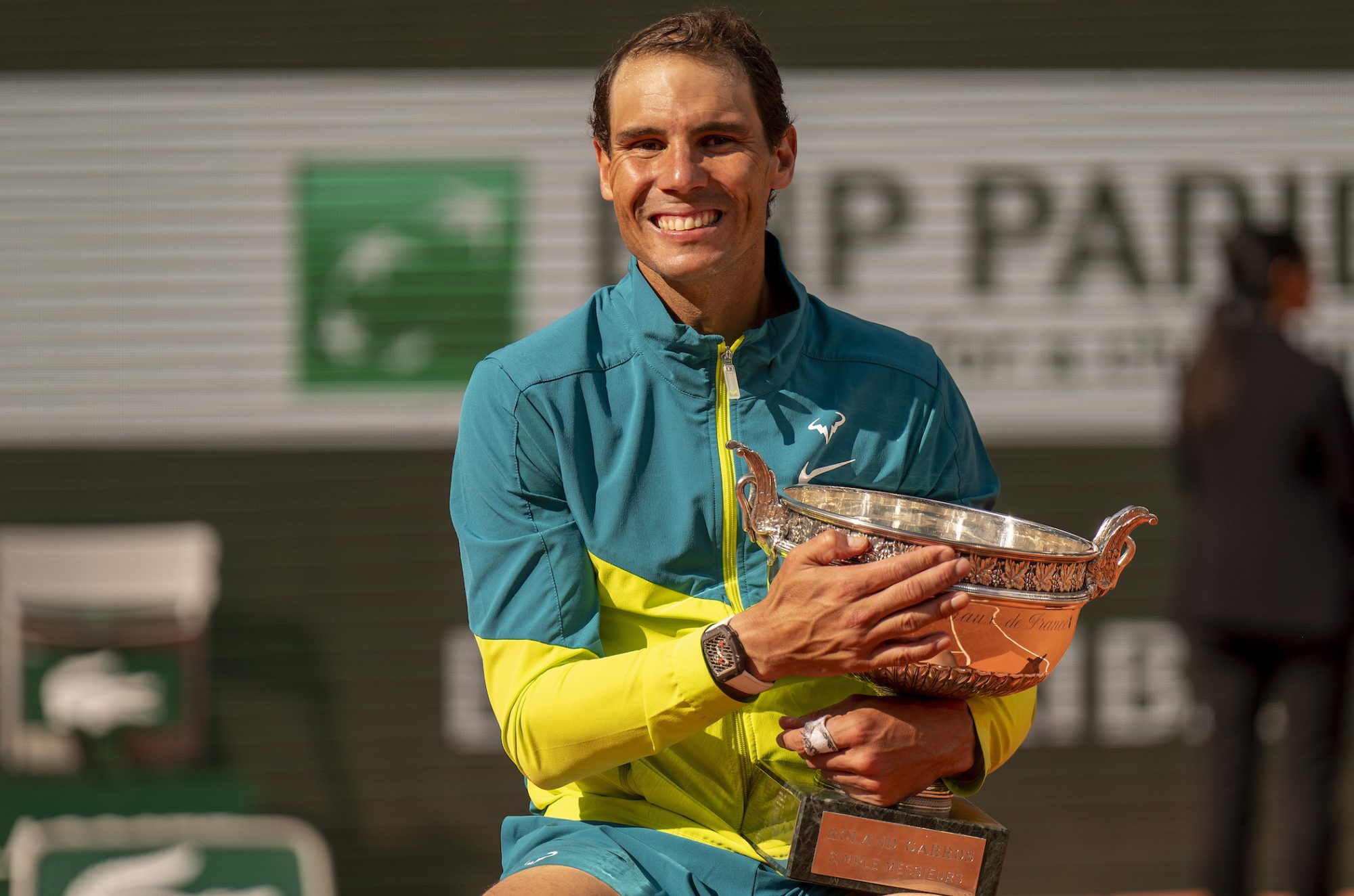 June 5, 2022; Paris, France; Rafael Nadal (ESP) poses with the trophy after winning the men’s singles final against Casper Ruud (NOR) on day 15 of the French Open at Stade Roland-Garros.