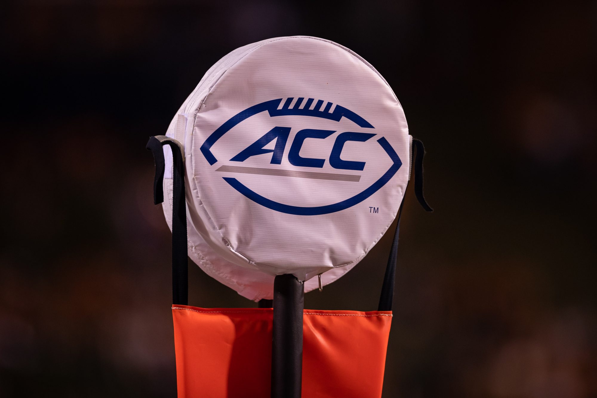 Sep 4, 2021; Charlottesville, Virginia, USA; A detailed view of the ACC logo on the down marker used during the game between William & Mary Tribe and the Virginia Cavaliers at Scott Stadium.