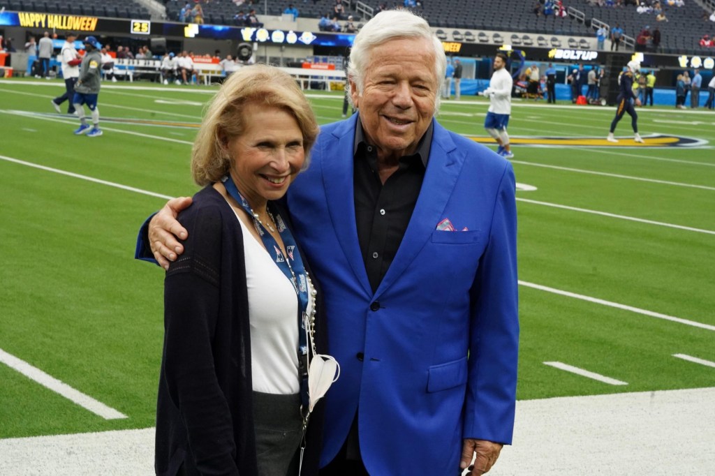 Oct 31, 2021; Inglewood, California, USA; New England Patriots owner Robert Kraft (right) and Shari Redstone pose before the game against the Los Angeles Chargers at SoFi Stadium.