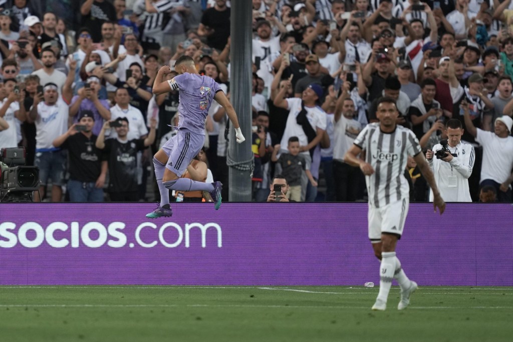 Jul 30, 2022; Pasadena California, USA; Real Madrid defender Eder Militao (3) celebrates after scoring a goal against Juventus in the first half during an international friendly at the Rose Bowl.