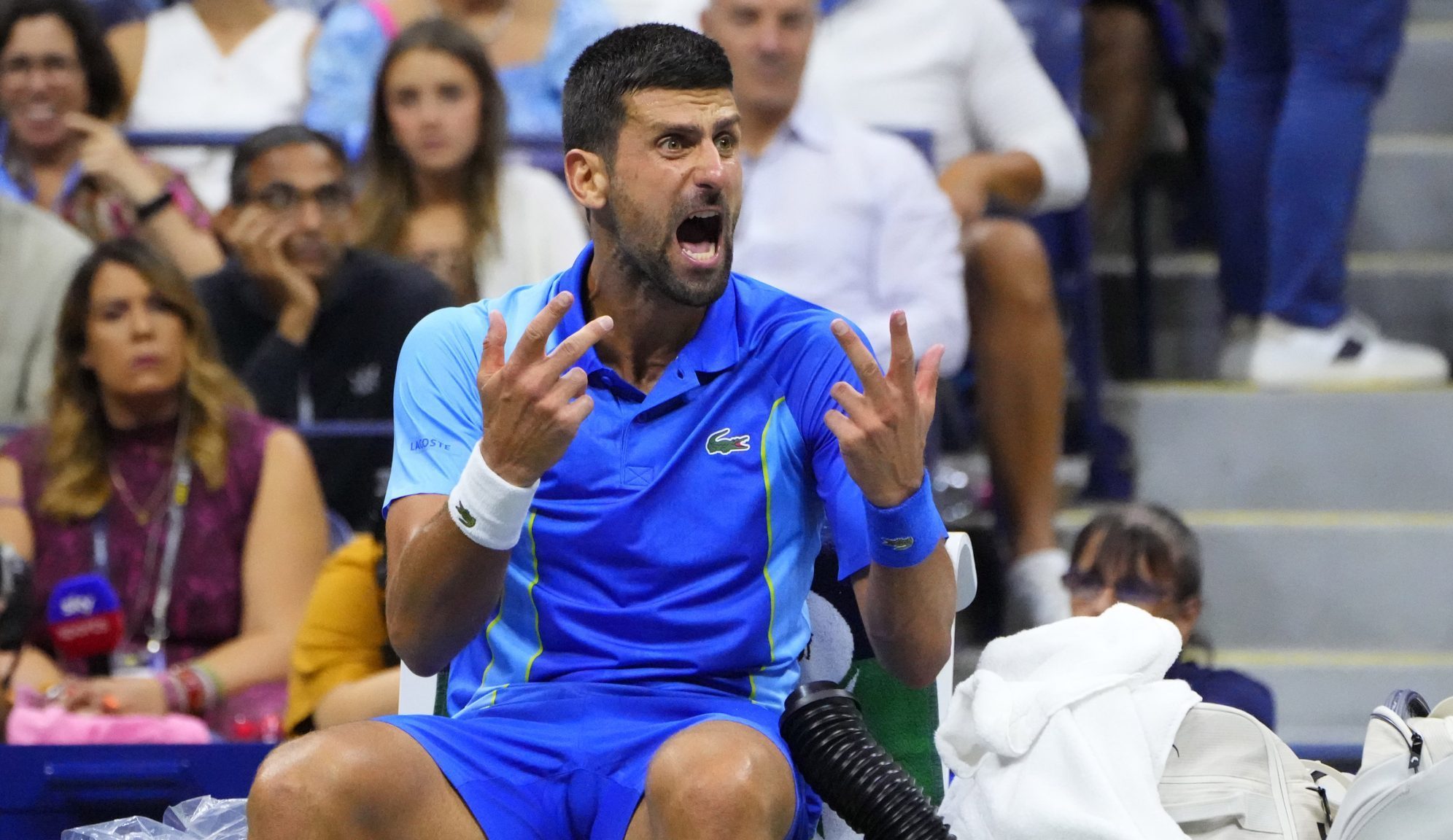 Sep 10, 2023; Flushing, NY, USA; Novak Djokovic of Serbia reacts towards his player's box during a changeover against Daniil Medvedev (not pictured) in the men's singles final on day fourteen of the 2023 U.S. Open tennis tournament at USTA Billie Jean King National Tennis Center.