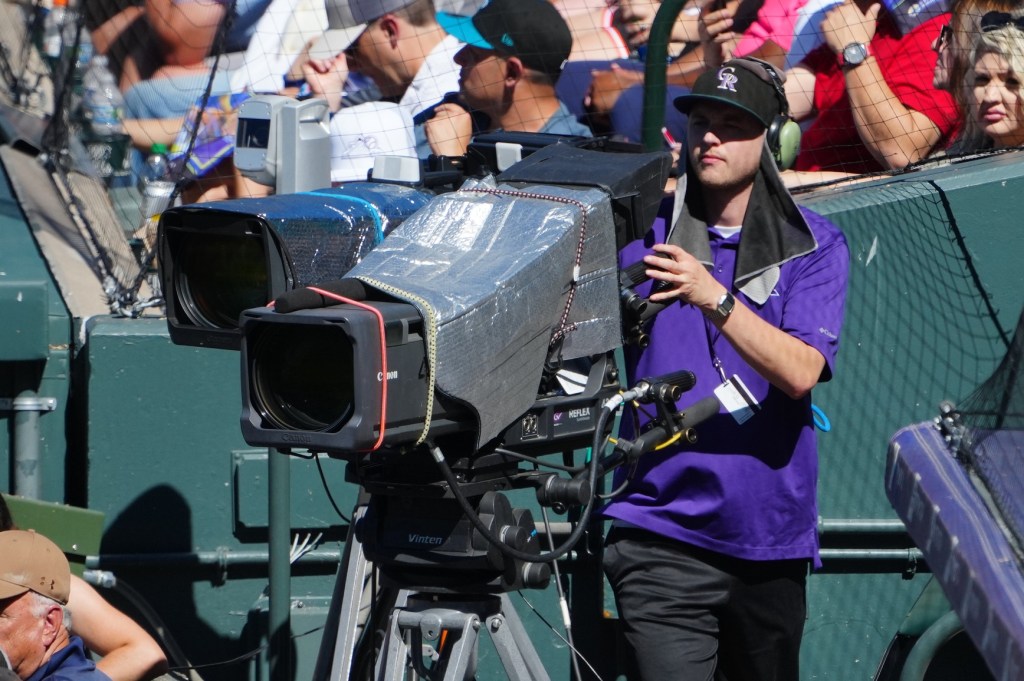 Sep 17, 2023; Denver, Colorado, USA; General view of field level Coors Field broadcast cameras during the sixth inning against the San Francisco Giants against the Colorado Rockies.