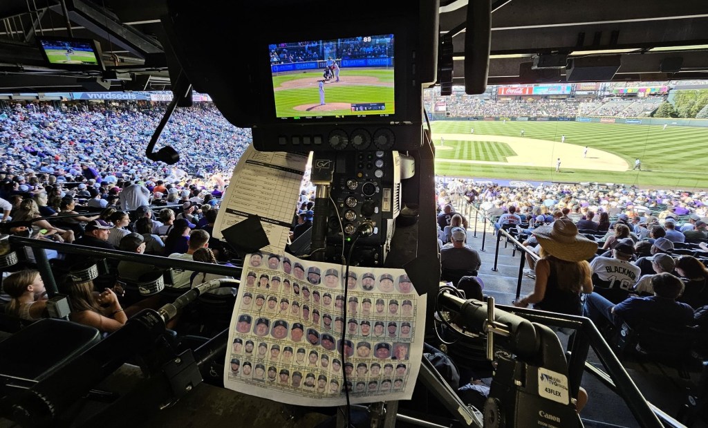 Oct 1, 2023; Denver, Colorado, USA; General view of a Coors Field broadcast camera during the seventh inning between the Minnesota Twins against the Colorado Rockies.
