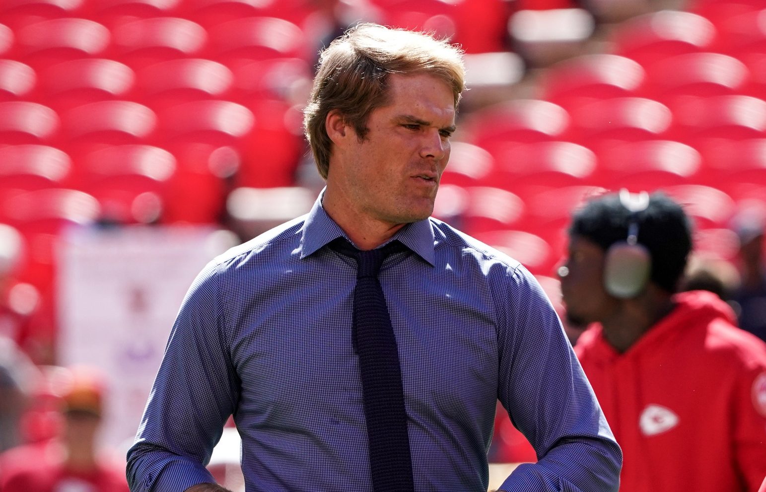 Sports broadcaster Greg Olsen on field against the Chicago Bears prior to a game at GEHA Field at Arrowhead Stadium. Mandatory Credit: Denny Medley-USA TODAY Sports