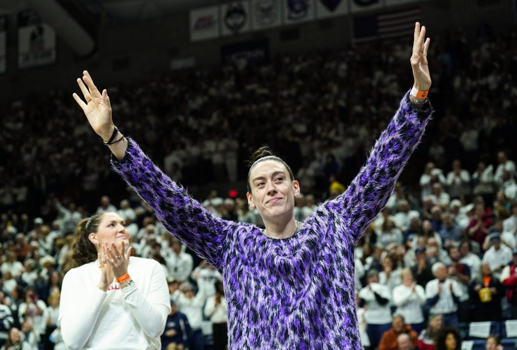 Jan 27, 2024; Storrs, Connecticut, USA; Former UConn Huskies player Breanna Stewart is recognized along with other players before the start of the game against the Notre Dame Fighting Irish at Harry A. Gampel Pavilion.