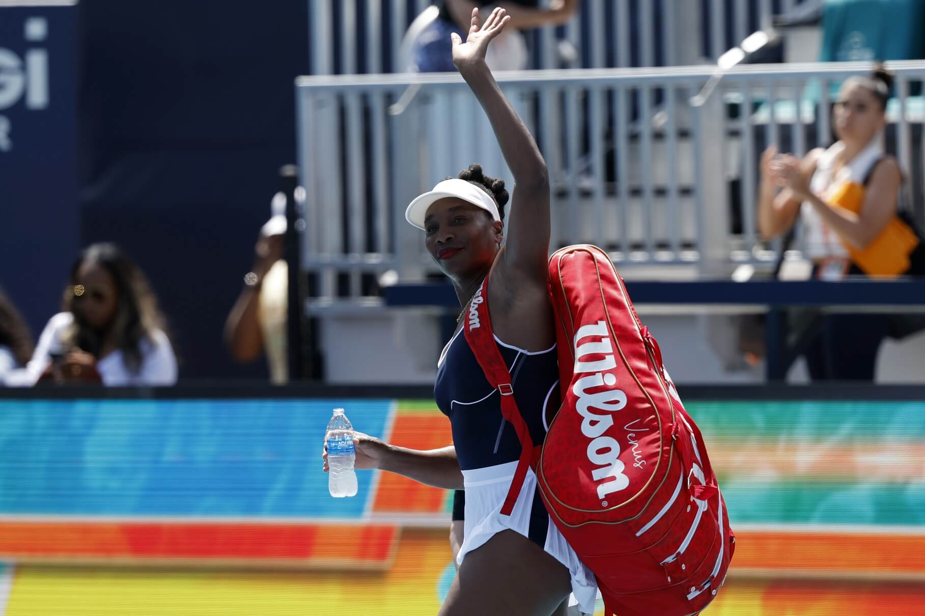 Mar 19, 2024; Miami Gardens, FL, USA; Venus Williams (USA) waves to the crowd while leaving the court after her match against Diana Shnaider (not pictured) on day two of the Miami Open at Hard Rock Stadium. Mandatory Credit: Geoff Burke-USA TODAY Sports