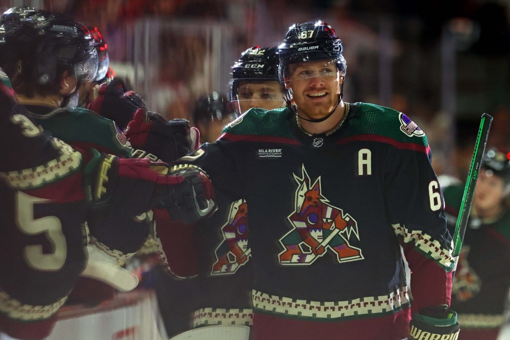 Apr 17, 2024; Tempe, Arizona, USA; Arizona Coyotes left wing Lawson Crouse (67) celebrates after scoring a goal during the third period against the Edmonton Oilers at Mullett Arena.