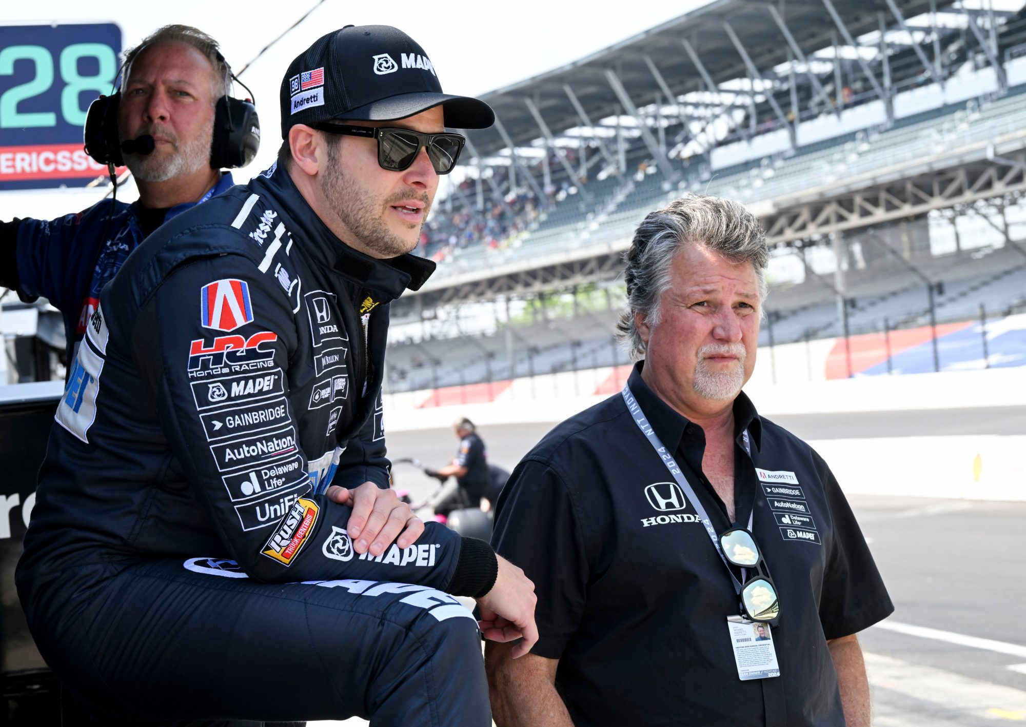 Andretti Herta with Marco and Curb-Agajanian driver Marco Andretti (98) and his father, Michael Andretti, look out from their pit box Thursday, May 16, 2024, during the third day of practice ahead of the 108th running of the Indianapolis 500 at Indianapolis Motor Speedway.