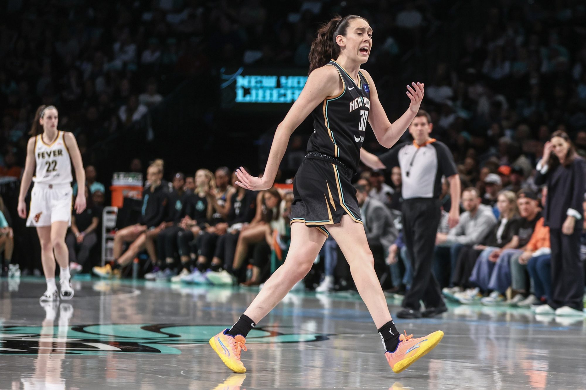 New York Liberty forward Breanna Stewart (30) reacts after a turnover in the fourth quarter against the Indiana Fever at Barclays Center. Mandatory Credit: Wendell Cruz-USA TODAY Sports