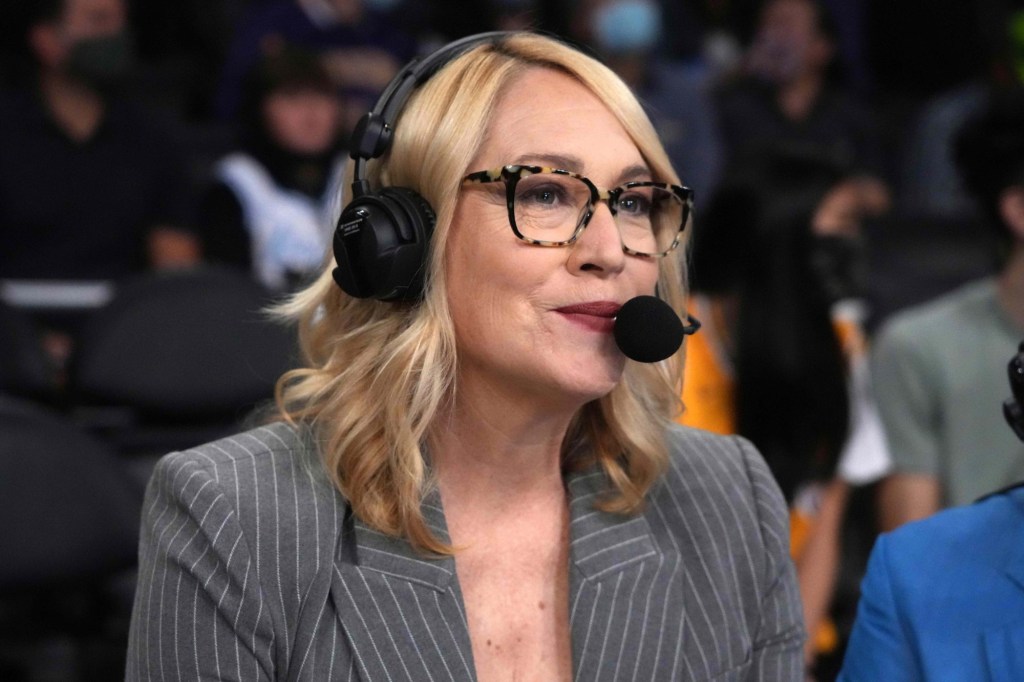 Oct 22, 2021; Los Angeles, California, USA; ESPN broadcasters Doris Burke (left) and Ryan Ruocco during the NBA game between the Los Angeles Lakers and the Phoenix Suns at Staples Center.