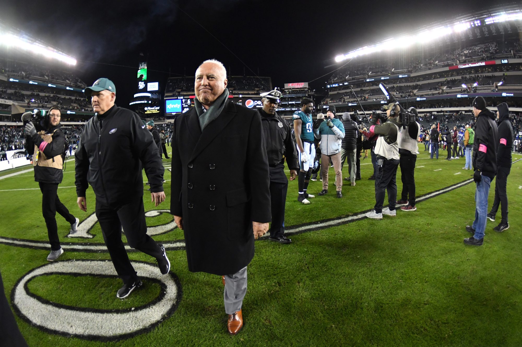 Jan 21, 2023; Philadelphia, Pennsylvania, USA; Philadelphia Eagles owner Jeffrey Lurie walks off the field after win against the New York Giants during an NFC divisional round game at Lincoln Financial Field.