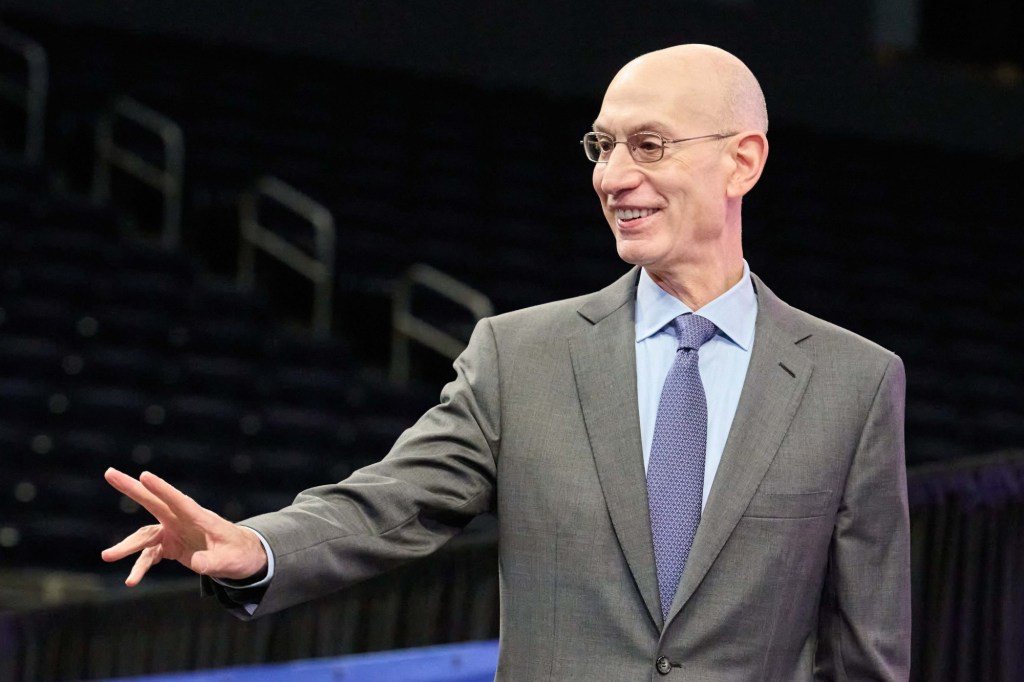 Nov 6, 2023; San Francisco, CA, USA; NBA commissioner Adam Silver acknowledges the crowd before a press conference to announce the selection of the Golden State Warriors and San Francisco Bay Area to host the 2025 NBA All-Star Game at Chase Center.