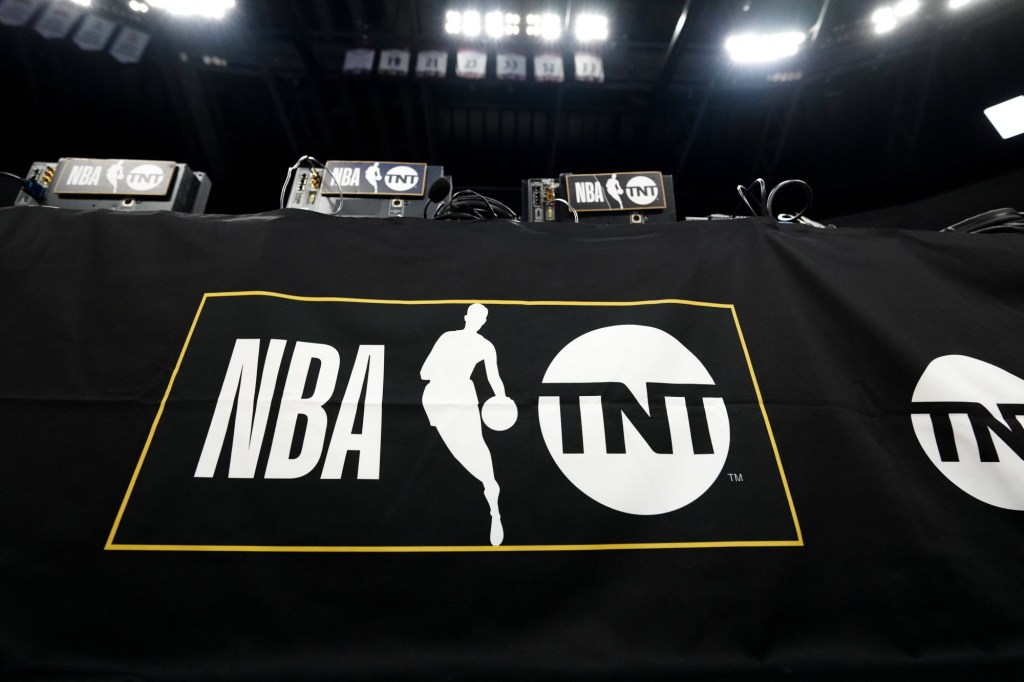 Mar 5, 2024; Denver, Colorado, USA; General view of the TNT court side broadcast table before a game between the Phoenix Suns against the Denver Nuggets at Ball Arena.