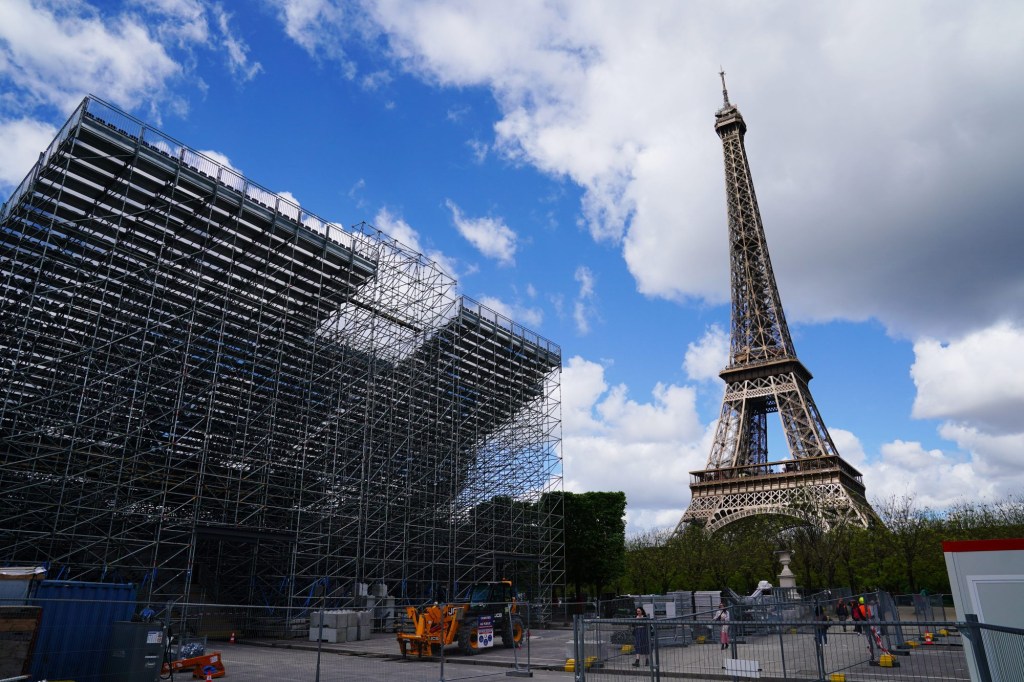 May 6, 2024; Paris, FRANCE; A general view of construction of the Eiffel Tower Stadium, the venue for beach volleyball, in preparation for the Paris 2024 Summer Olympic Games.