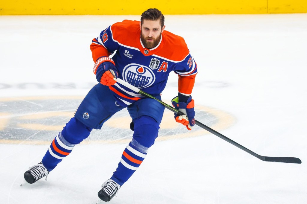 Jun 14, 2025; Edmonton, Alberta, CAN; Edmonton Oilers center Leon Draisaitl (29) skates during the warmup period against the Florida Panthers in game five of the 2025 Stanley Cup Final at Rogers Place.