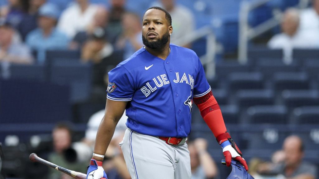May 4, 2026; St. Petersburg, Florida, USA; Toronto Blue Jays first baseman Vladimir Guerrero Jr. (27) reacts after striking out against the Tampa Bay Rays in the first inning at Tropicana Field.