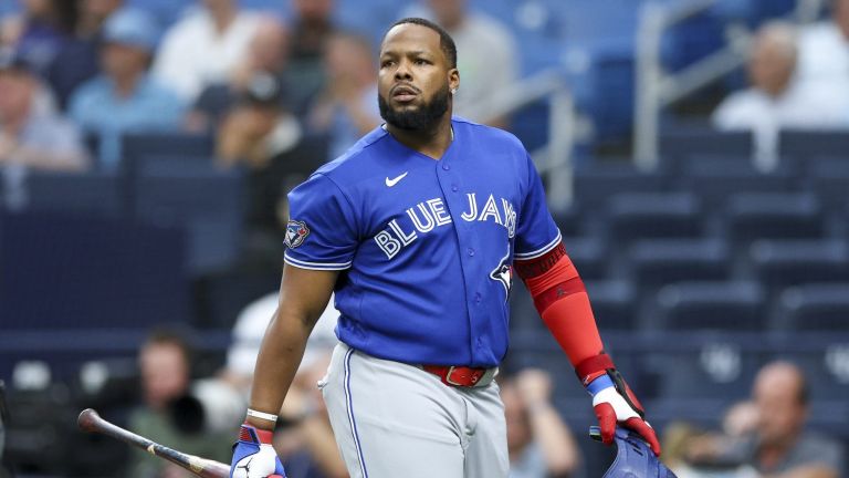 May 4, 2026; St. Petersburg, Florida, USA; Toronto Blue Jays first baseman Vladimir Guerrero Jr. (27) reacts after striking out against the Tampa Bay Rays in the first inning at Tropicana Field.