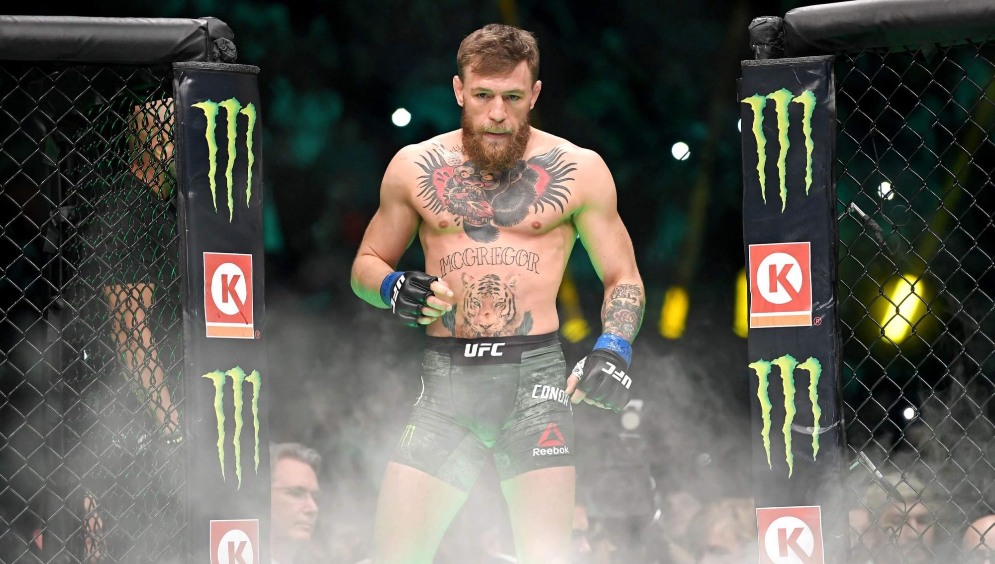 Oct 6, 2018; Las Vegas, NV, USA; Conor McGregor (blue gloves) before his fight against Khabib Nurmagomedov (red gloves) during UFC 229 at T-Mobile Arena. Mandatory Credit: Stephen R. Sylvanie-USA TODAY Sports