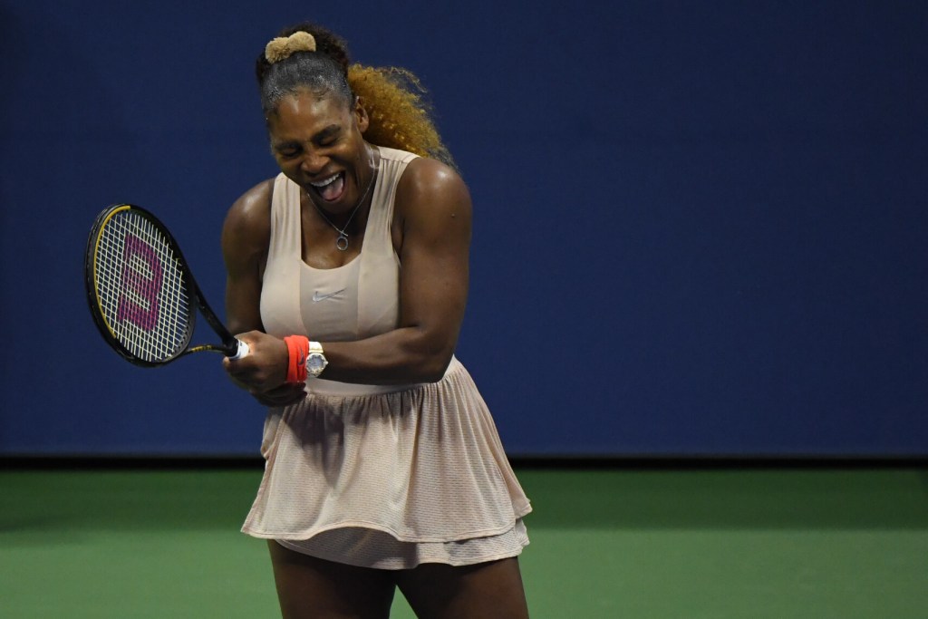 Sep 10 2020; Flushing Meadows, New York,USA; Serena Williams of the United States reacts after missing a shot against Victoria Azarenka of Belarus (not pictured) in a women's singles semi-finals match on day ten of the 2020 U.S. Open tennis tournament at USTA Billie Jean King National Tennis Center. Mandatory Credit: Danielle Parhizkaran-USA TODAY Sports