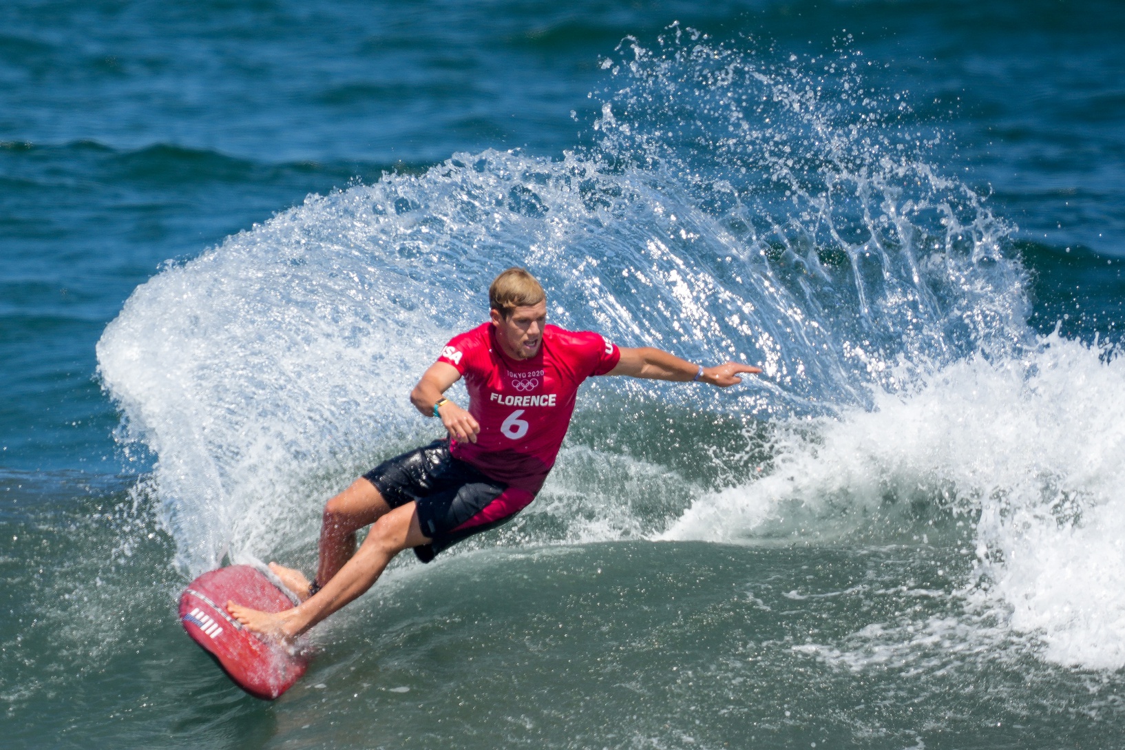 John John Florence (USA) surfs in men’s round two competition during the Tokyo 2020 Olympic Summer Games at Tsurigasaki Surfing Beach.