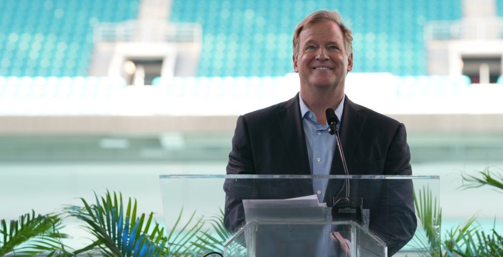 Oct 2, 2021; Miami Gardens, FL, USA; NFL commissioner Roger Goddell speaks during the Don Shula Celebration of Life at Hard Rock Stadium.
