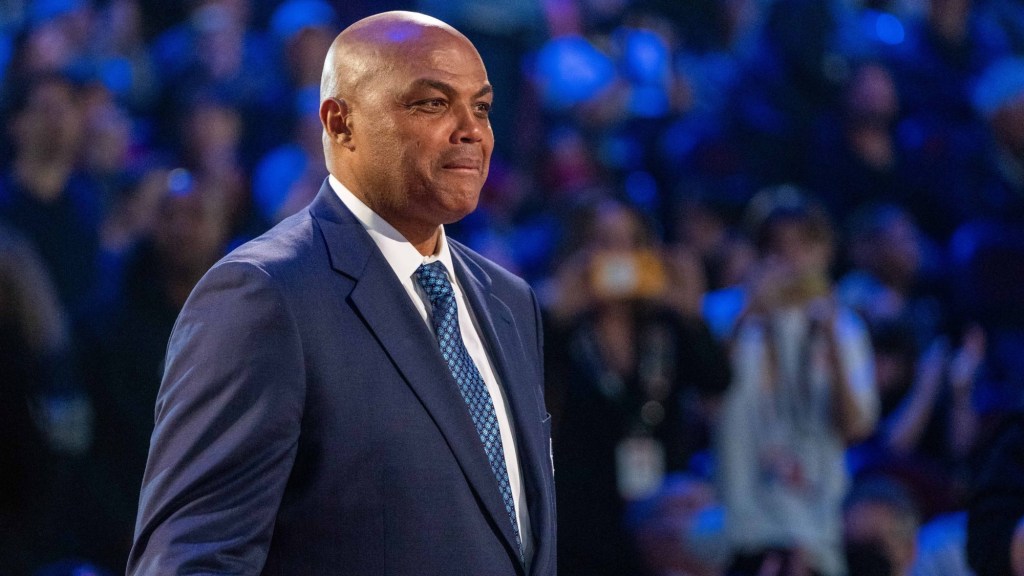 NBA great Charles Barkley is honored for being selected to the NBA 75th Anniversary Team during halftime in the 2022 NBA All-Star Game at Rocket Mortgage FieldHouse.